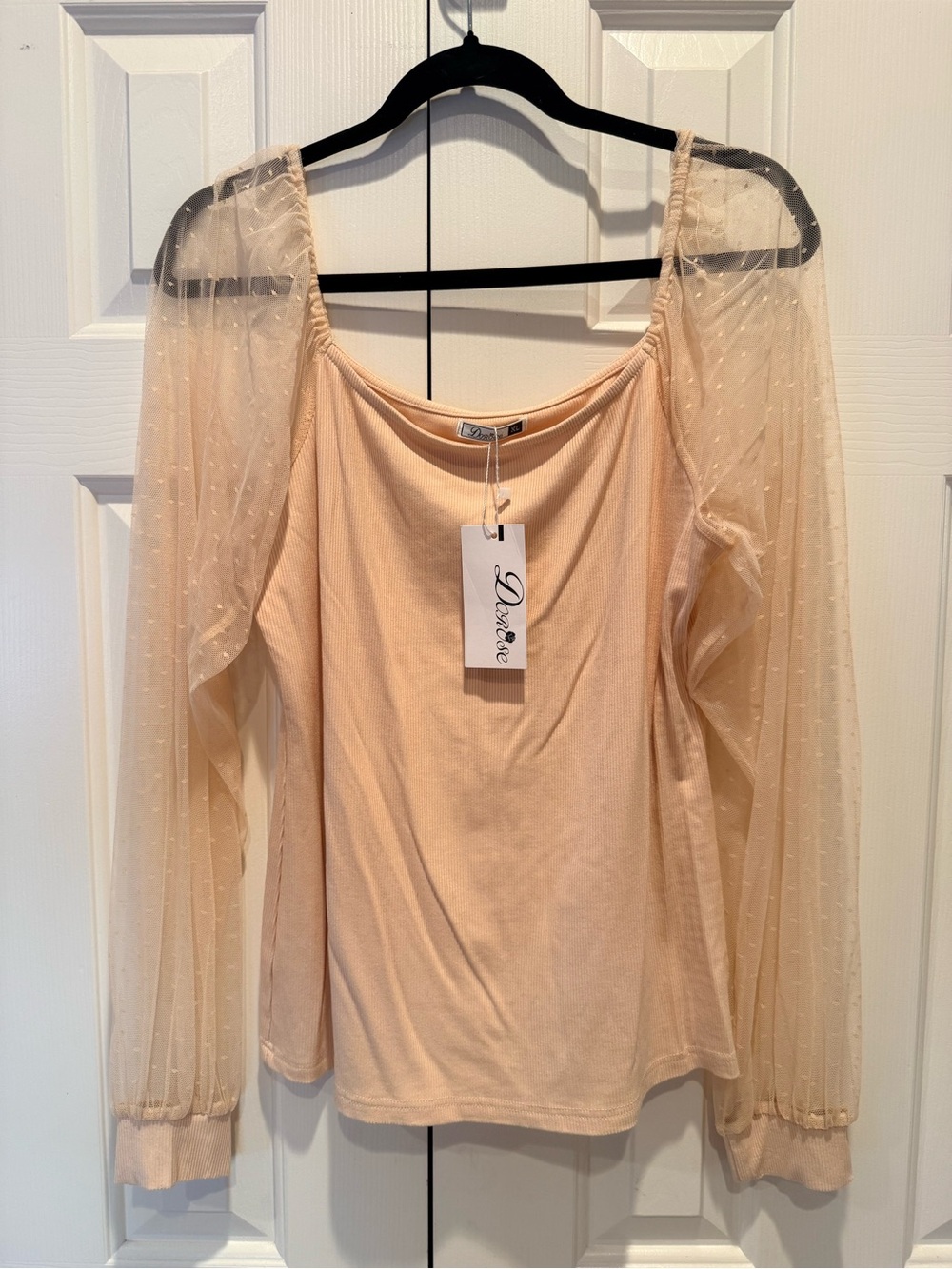Soft Ribbed Top by Dorose in Peach Sheer Puff Sleeves - Picture 3 of 6